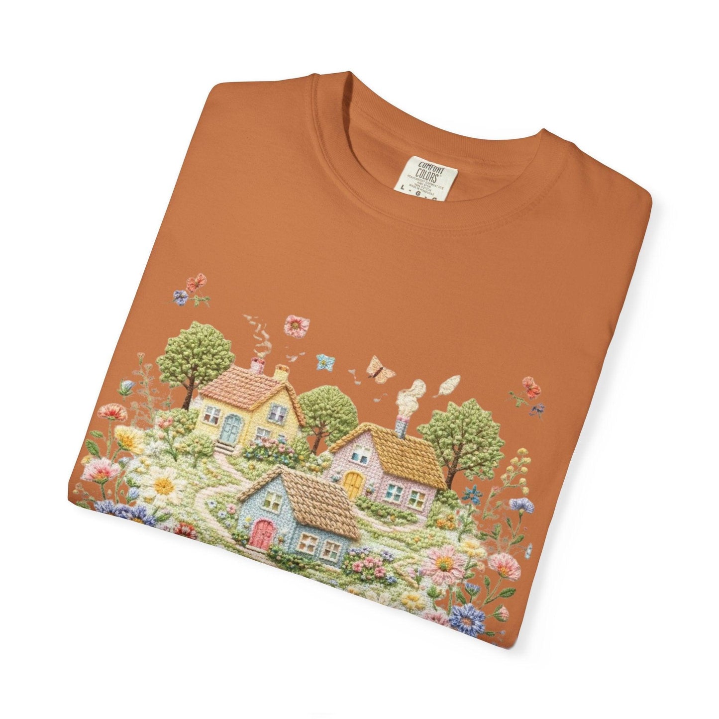 Cottage Garden Landscape T-shirt | Floral Village Illustration