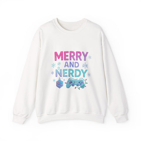 Festive Gamer Crewneck Sweatshirt - Merry and Nerdy, Unisex Sweatshirt, Holiday Apparel, Gaming Sweatshirt, Cozy Gift for Gamers