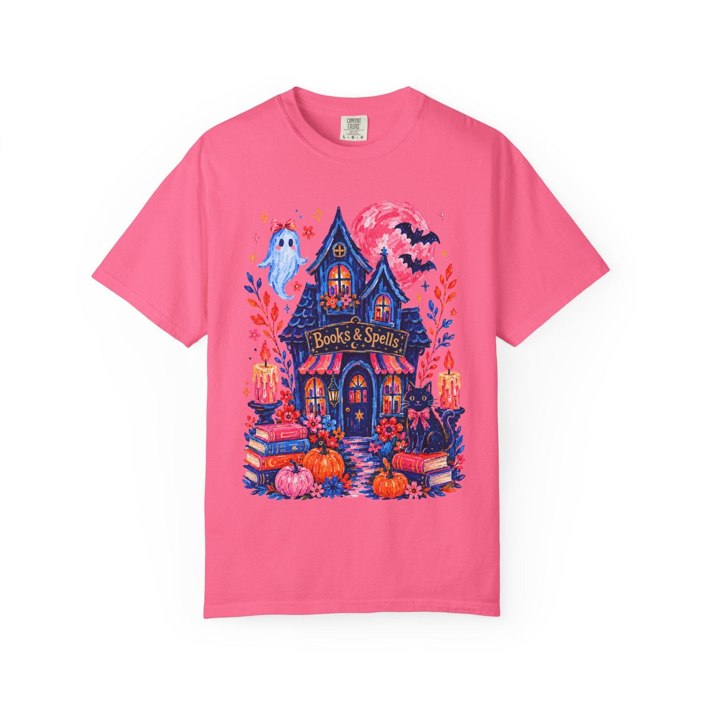 Books & Spells T-Shirt, Witchy Bookstore Halloween Shirt, Cozy Book Lover Tee, Black Cat Ghost Pumpkin Graphic, Booktok Fall Shirt