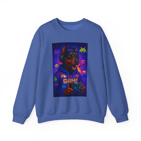 Gaming Doberman Graphic Crewneck Sweatshirt | Retro Arcade Dog Gamer