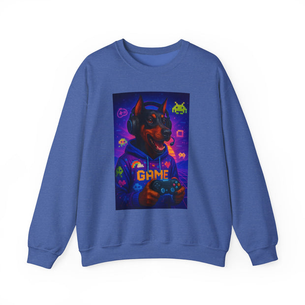 Gaming Doberman Graphic Crewneck Sweatshirt | Retro Arcade Dog Gamer