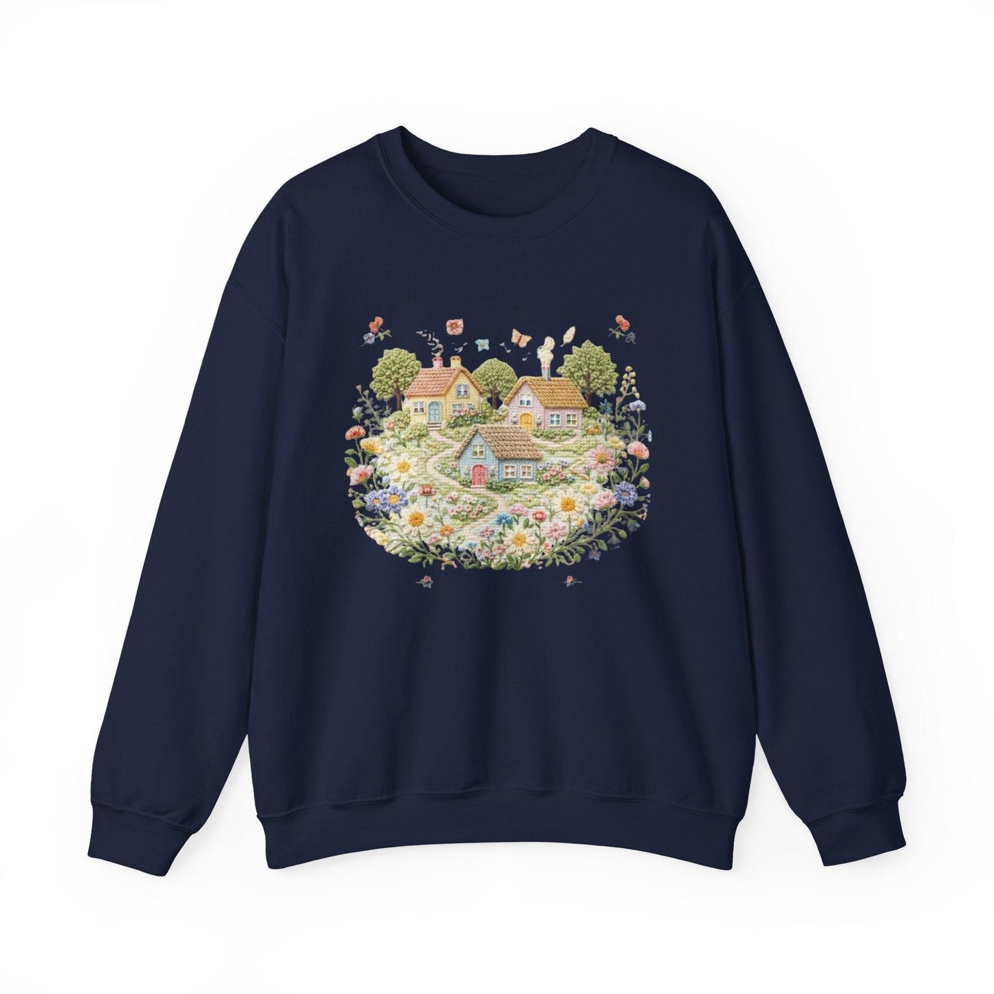 Cottage Garden Illustration Sweatshirt | Floral Village Scene, Cozy Spring