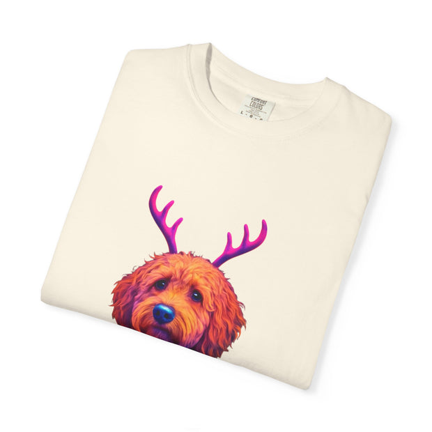 Golden Doodle in Reindeer Antler Sweater T-Shirt | Holiday Dog Portrait