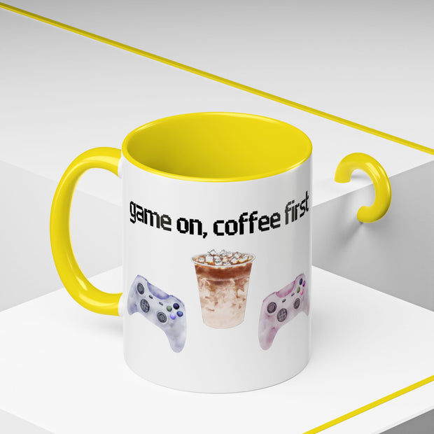 'Game On, Coffee First' Accent Coffee Mug