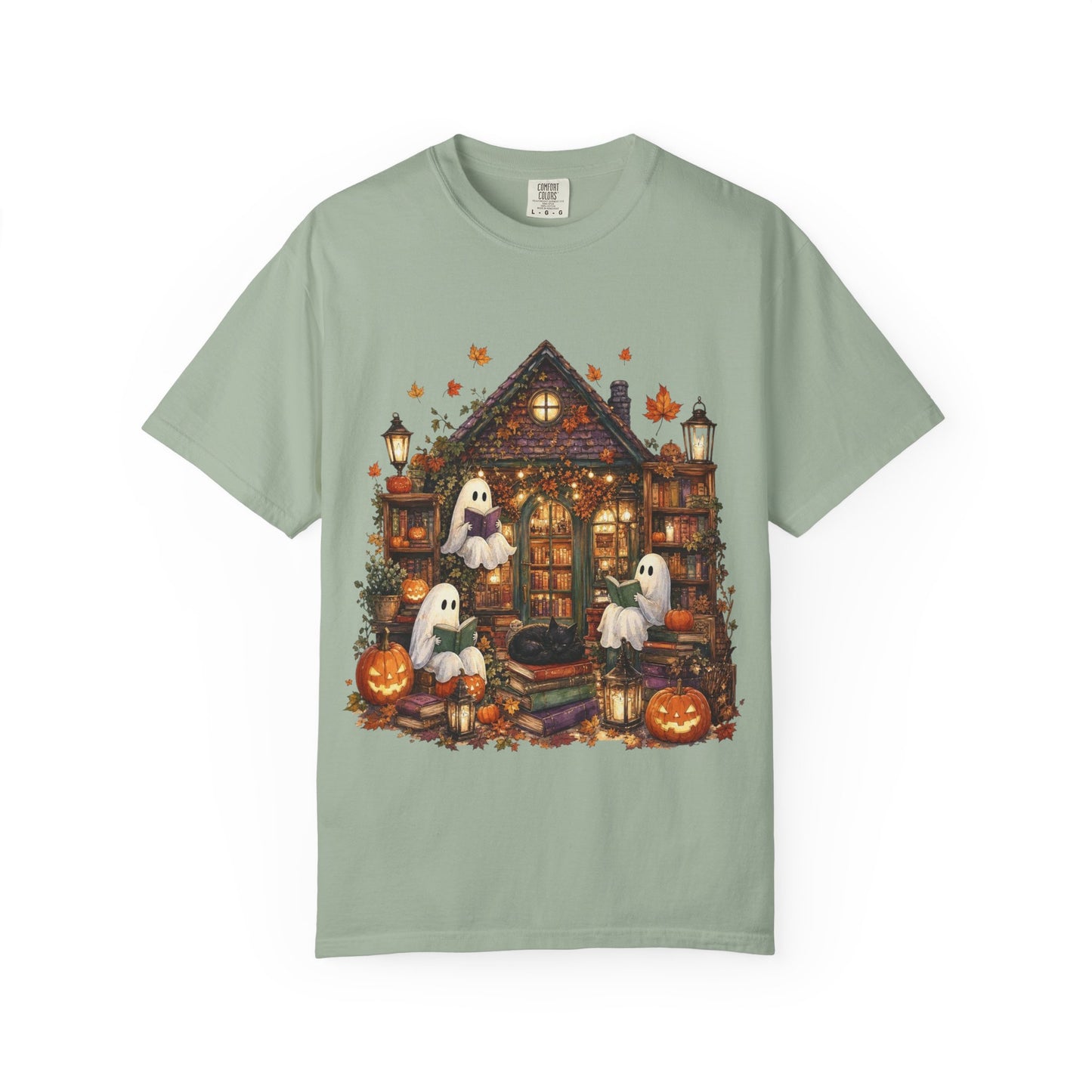 Cute Ghosts Haunted House T-Shirt, Halloween Pumpkin Shirt, Autumn Leaves Graphic Tee, Spooky Cute Fall Shirt, Cozy Halloween Gift