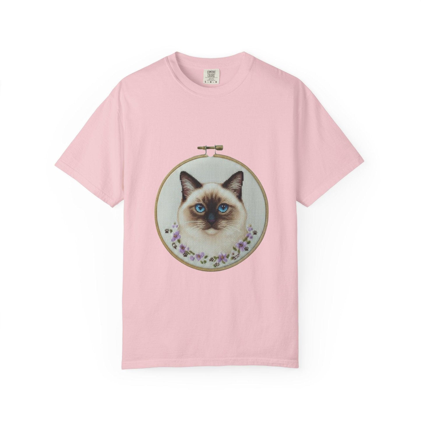 Blue-Eyed Siamese Cat Portrait T-Shirt | Embroidery Hoop Floral Design