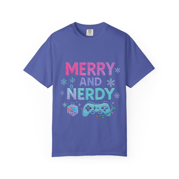 Merry and Nerdy T-Shirt, Unisex Gamer Tee, Holiday Gaming Shirt, Fun Christmas Apparel, Gift for Nerds, Cozy Casual Style