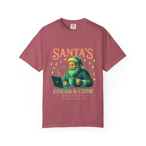 Santa's Cocoa & Code Society T-shirt, Holiday Tee, Xmas Gift, Unisex Garment-Dyed Shirt, Fun Santa Design, Cozy Christmas Apparel