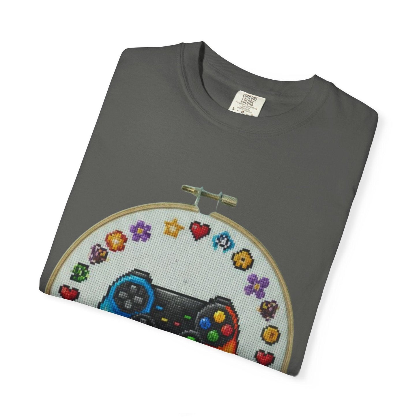 Rainbow Game Controller embroidery hoop T-Shirt | Gamer cross stitch design