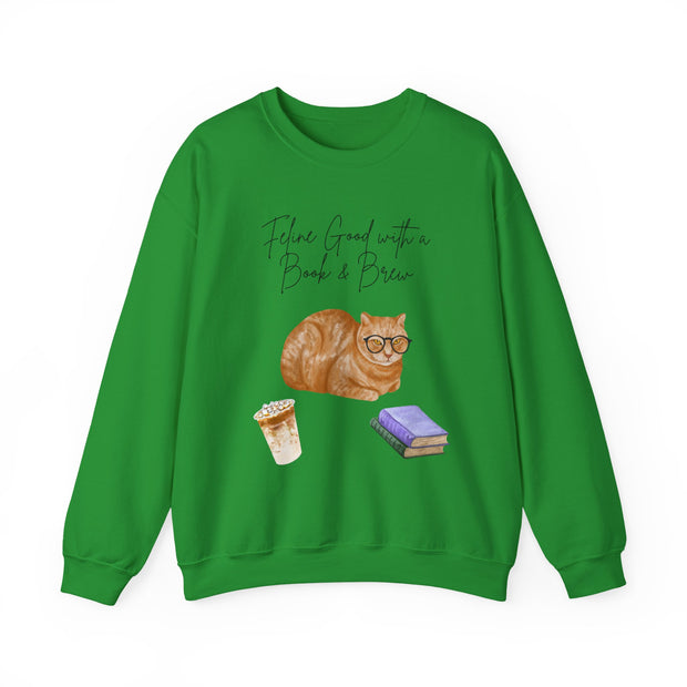 'Feline Good With A Book & Brew' Unisex Crewneck Sweatshirt