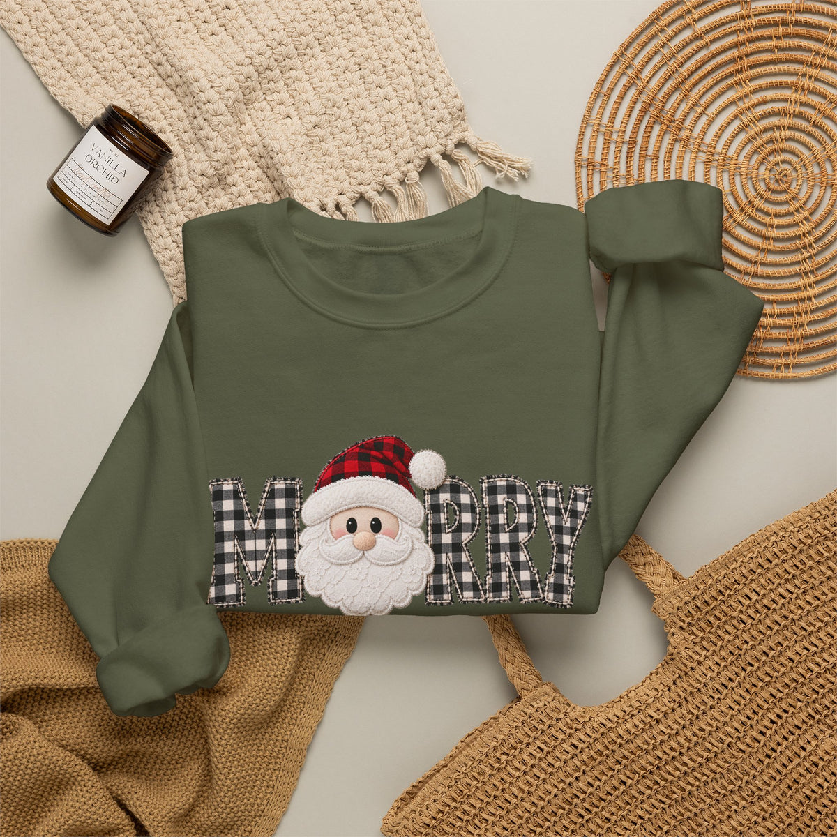 Merry Christmas Sweatshirt, Santa Christmas Crewneck, Plaid Holiday Sweater, Cute Santa Shirt, Cozy Christmas Gift for Her