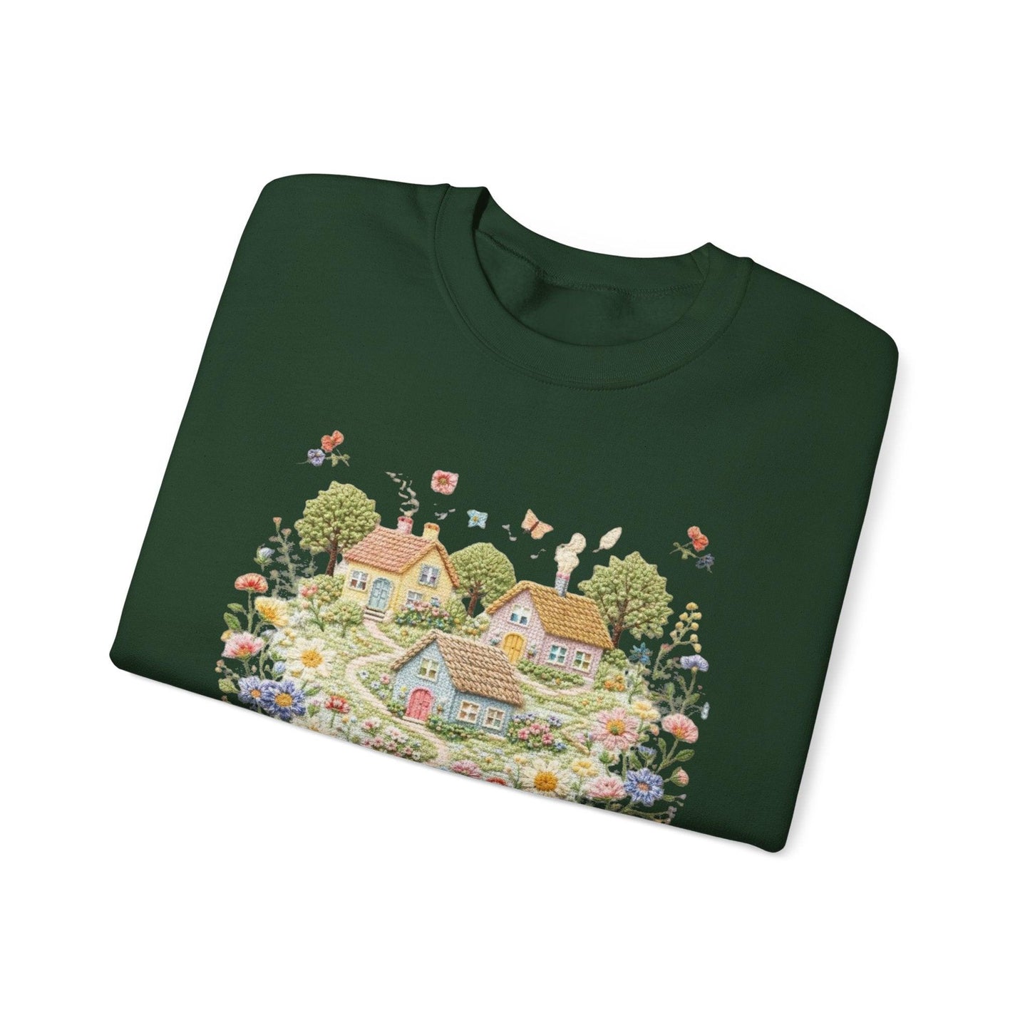 Cottage Garden Illustration Sweatshirt | Floral Village Scene, Cozy Spring
