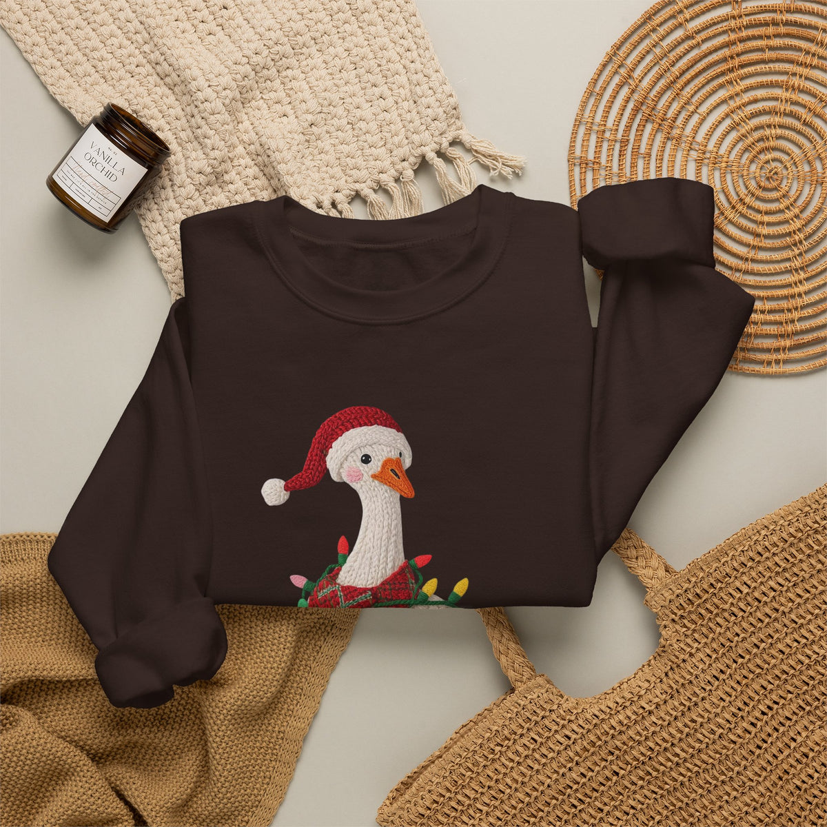 Christmas Goose Wearing Santa Hat Crewneck Sweatshirt | Holiday Duck in Lights