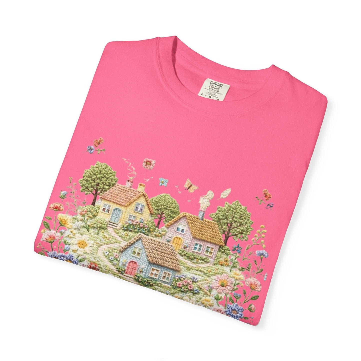 Cottage Garden Landscape T-shirt | Floral Village Illustration