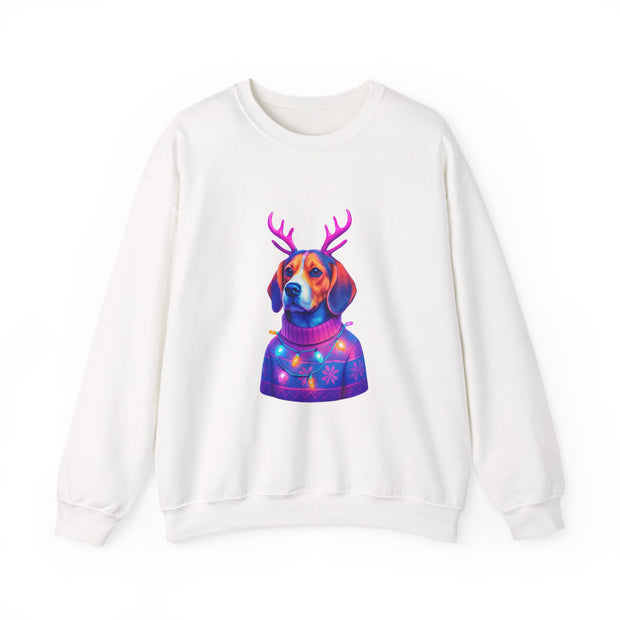 Beagle with Reindeer Antlers Sweatshirt | Colorful Holiday Dog Illustration