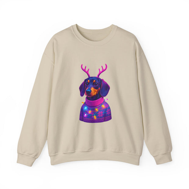 Dachshund Reindeer Sweater Crewneck Sweatshirt | Neon Holiday Dog Art