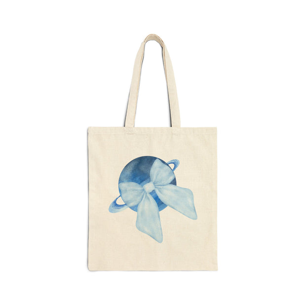Blue Saturn Wrapped In Blue Bow Cotton Canvas Tote Bag