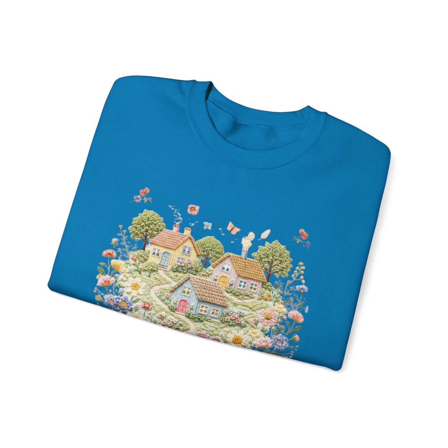 Cottage Garden Illustration Sweatshirt | Floral Village Scene, Cozy Spring