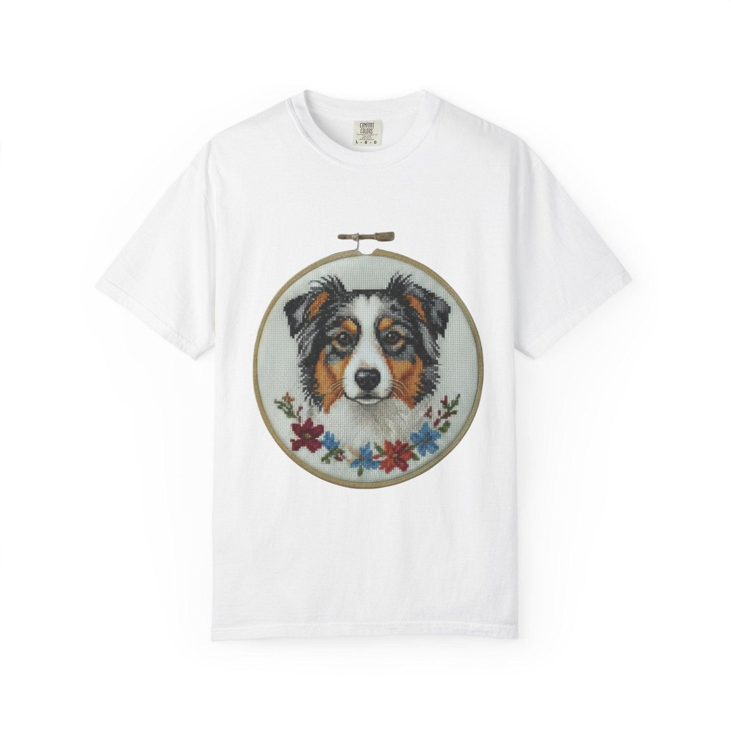 Australian Shepherd Portrait T-shirt | Embroidery Hoop Floral Design