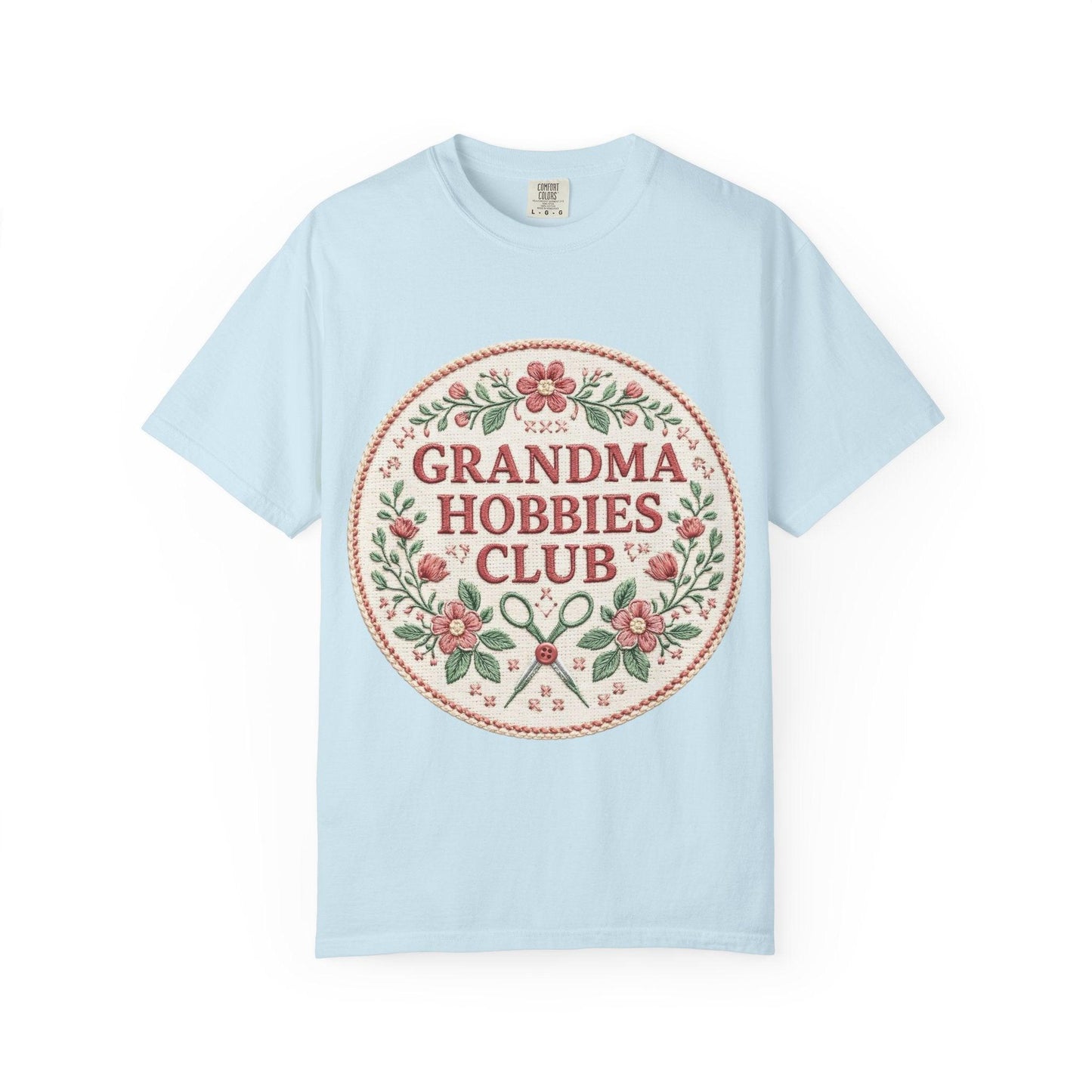 Grandma Hobbies Club T-shirt | Floral Needlework Scissors Embroidery Design