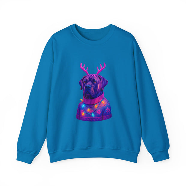 Neon Reindeer English Mastiff Sweatshirt | Dog with Antlers, Holiday Lights Sweater