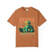 Santa's Cocoa & Code Society T-shirt, Holiday Tee, Xmas Gift, Unisex Garment-Dyed Shirt, Fun Santa Design, Cozy Christmas Apparel