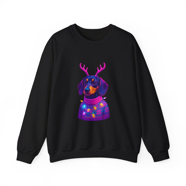 Dachshund Reindeer Sweater Crewneck Sweatshirt | Neon Holiday Dog Art