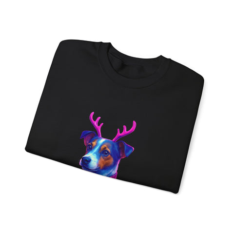 Neon Jack Russell in Reindeer Antlers Sweatshirt | Holiday Pet Portrait