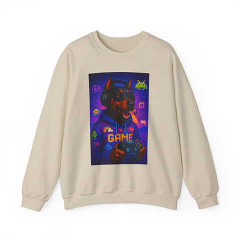 Gaming Doberman Graphic Crewneck Sweatshirt | Retro Arcade Dog Gamer