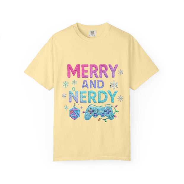 Merry and Nerdy T-Shirt, Unisex Gamer Tee, Holiday Gaming Shirt, Fun Christmas Apparel, Gift for Nerds, Cozy Casual Style