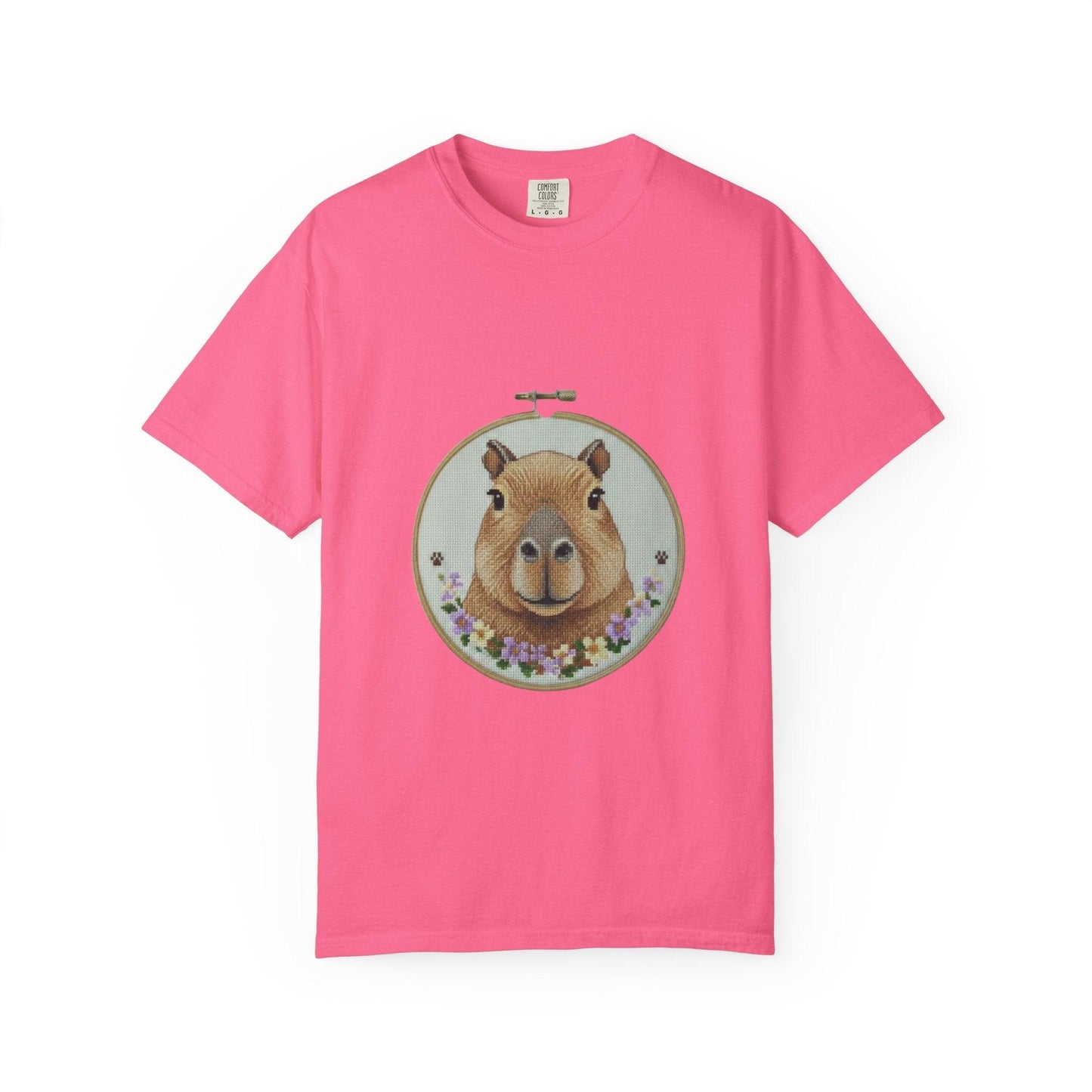 Capybara Portrait T-Shirt | Floral Embroidery Hoop Design