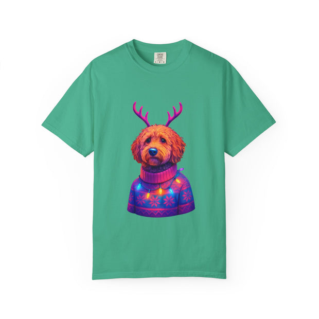 Golden Doodle in Reindeer Antler Sweater T-Shirt | Holiday Dog Portrait