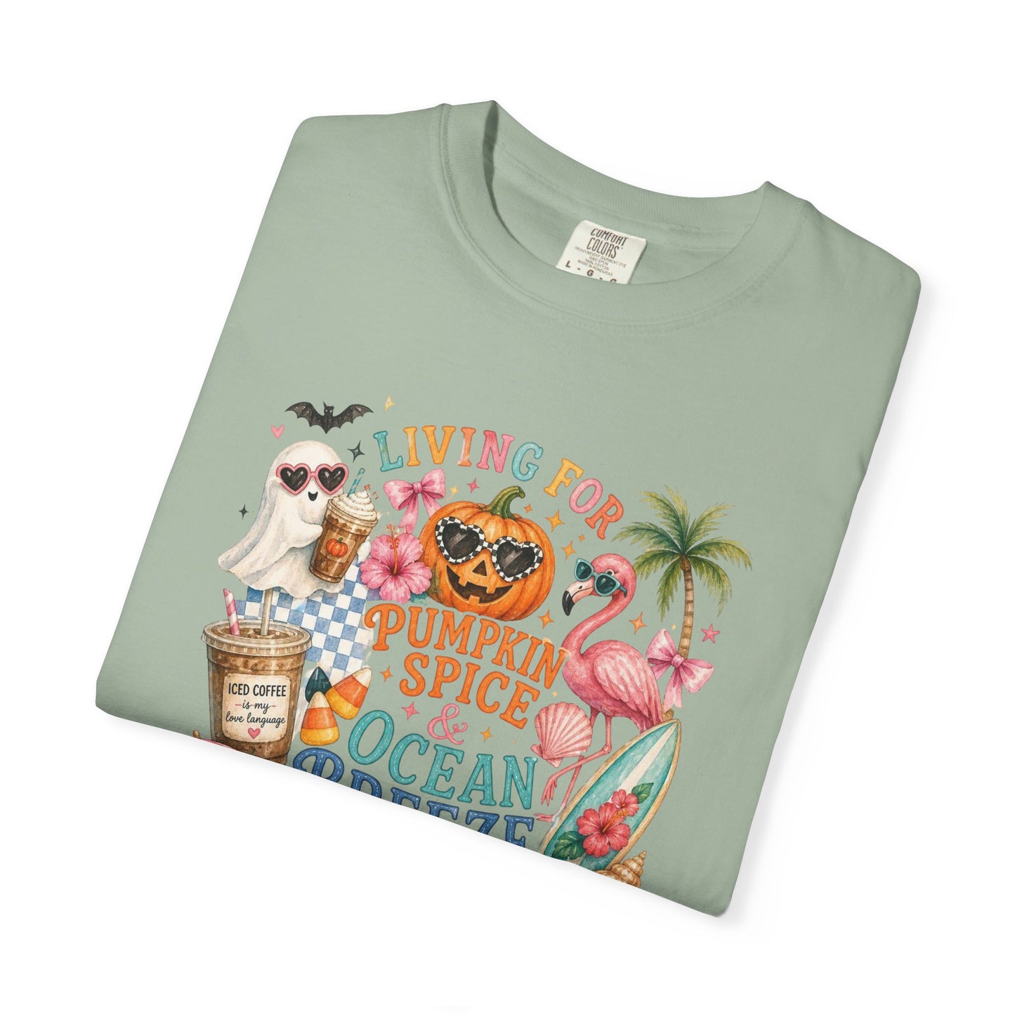 Pumpkin Spice & Ocean Breeze T-Shirt, Summerween Flamingo Shirt, Halloween Beach Tee, Tropical Spooky Season Graphic, Fall Vacation Shirt