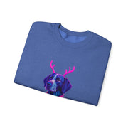 German Shorthaired Pointer with Reindeer Antlers Crewneck Sweatshirt | Neon Holiday Sweater Illustration