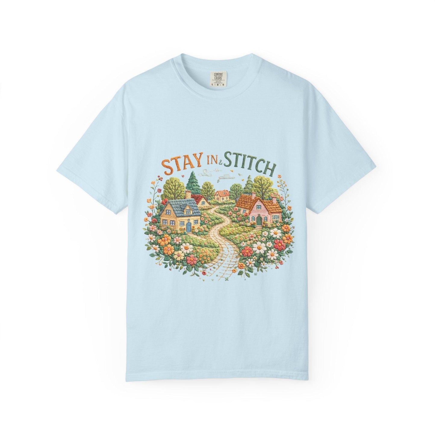 Stay In and Stitch Shirt, Cottagecore Sewing Tee, Grandma Hobbies Top, Vintage Cross Stitch Floral Village
