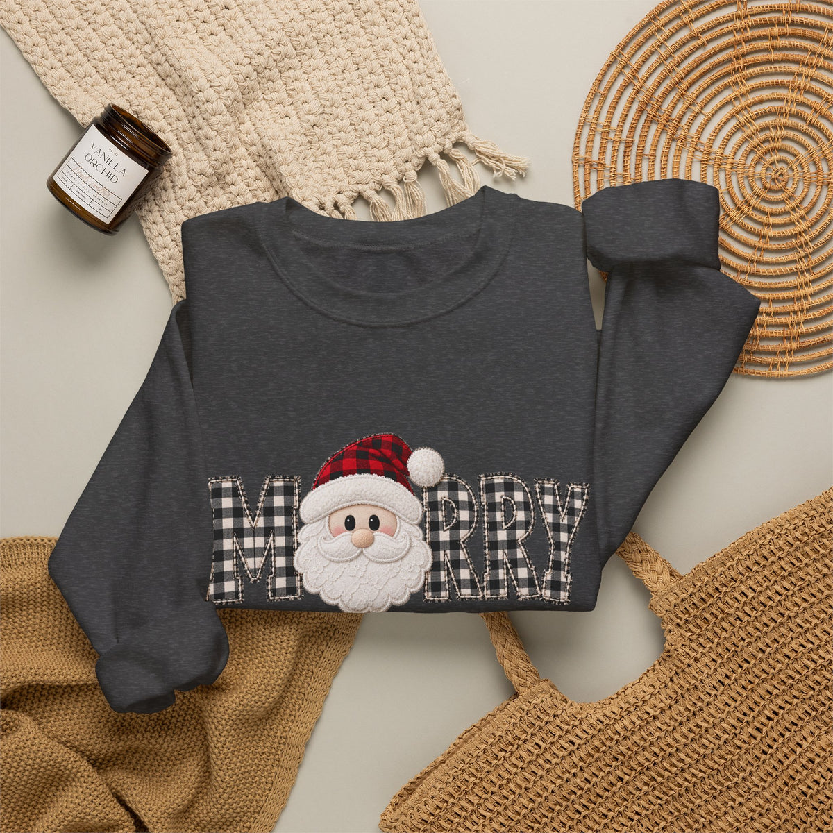 Merry Christmas Sweatshirt, Santa Christmas Crewneck, Plaid Holiday Sweater, Cute Santa Shirt, Cozy Christmas Gift for Her
