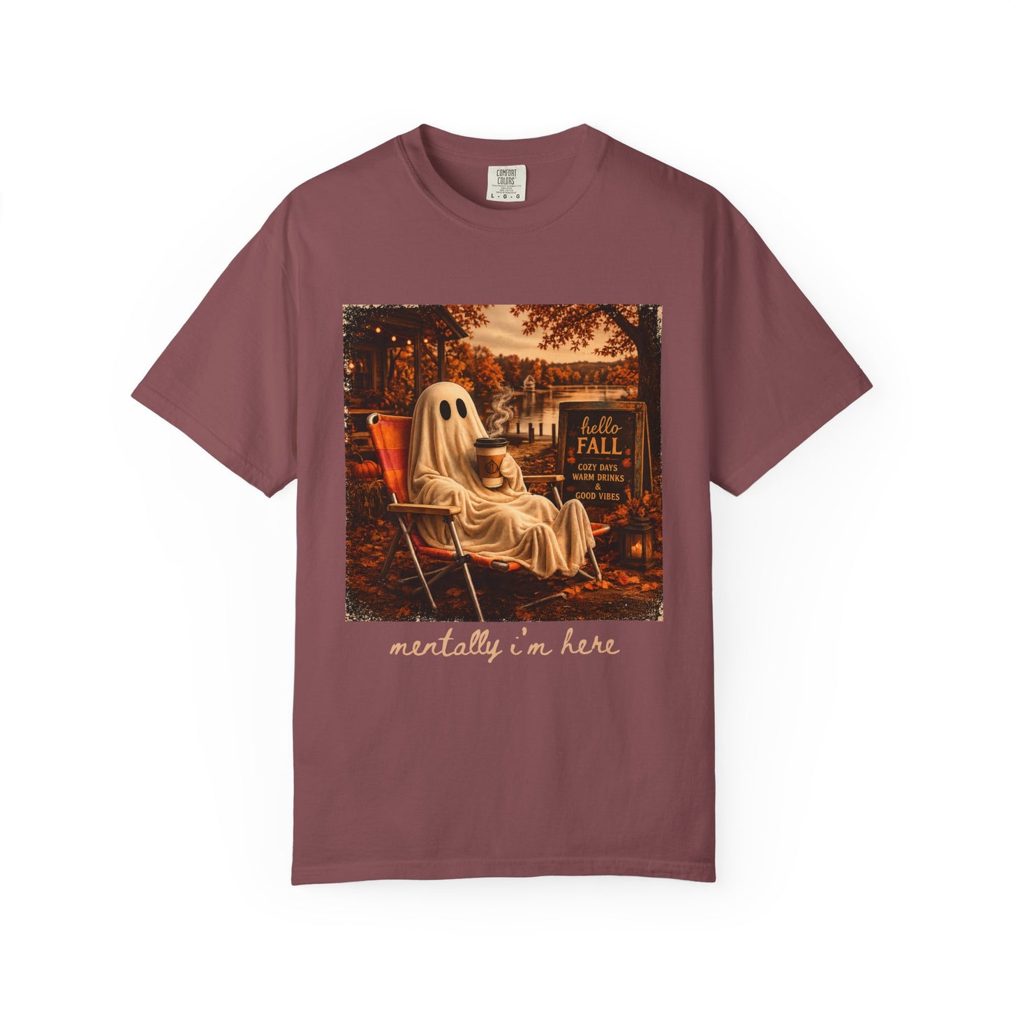 Cozy Ghost in Chair Fall T-shirt | Autumn Leaves, Retro Halloween Scene, Summerween