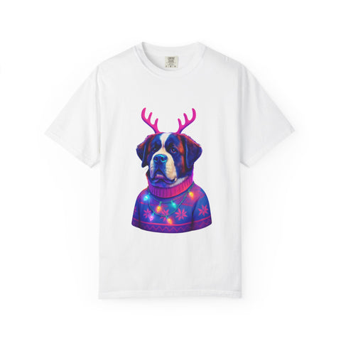 Saint Bernard in Reindeer Antlers T-Shirt | Holiday Dog Sweater Design