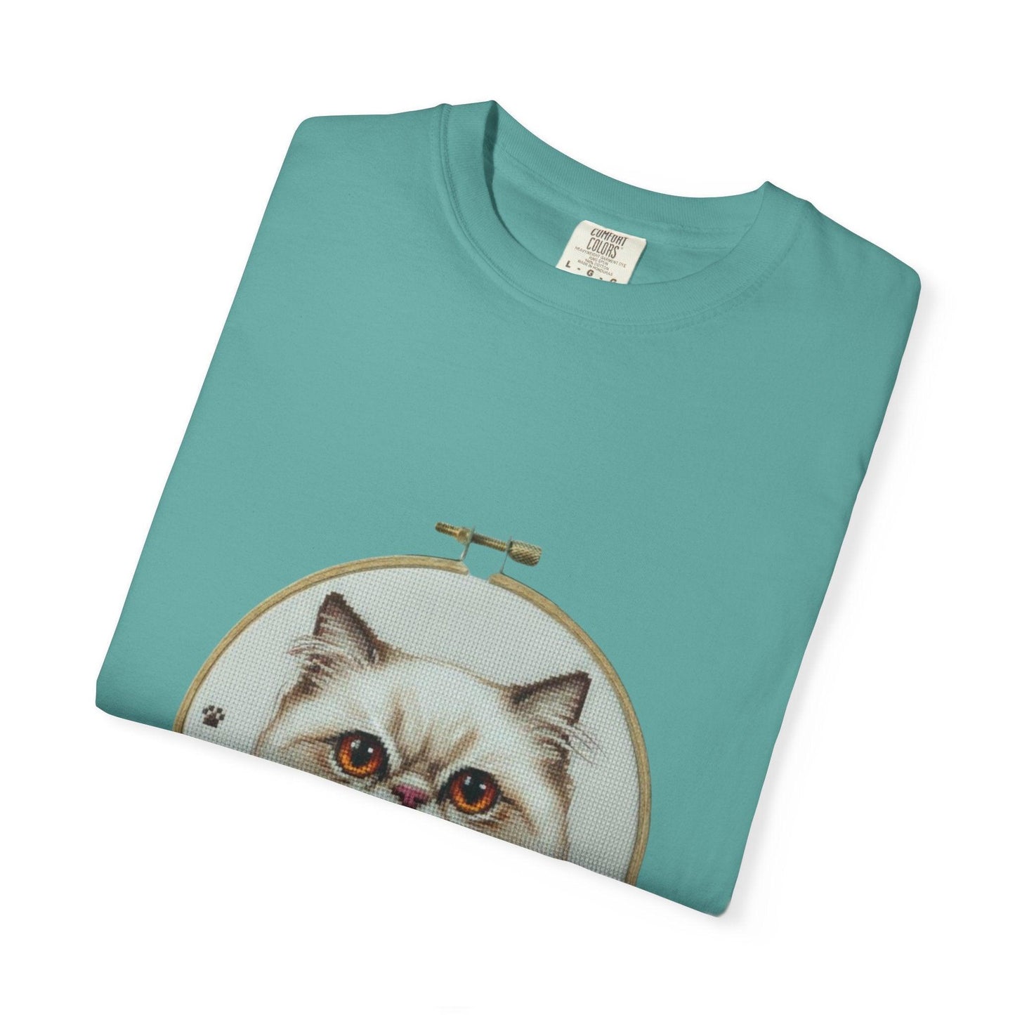 Persian Cat Portrait T-shirt | Embroidery Hoop Floral Illustration
