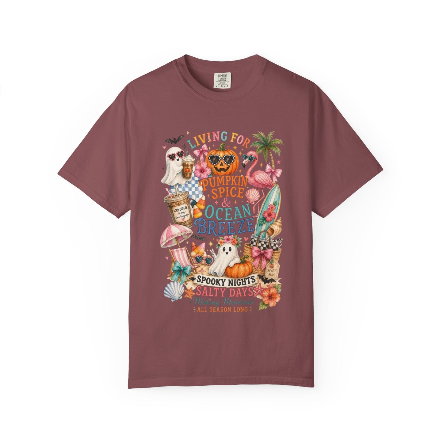 Pumpkin Spice & Ocean Breeze T-Shirt, Summerween Flamingo Shirt, Halloween Beach Tee, Tropical Spooky Season Graphic, Fall Vacation Shirt