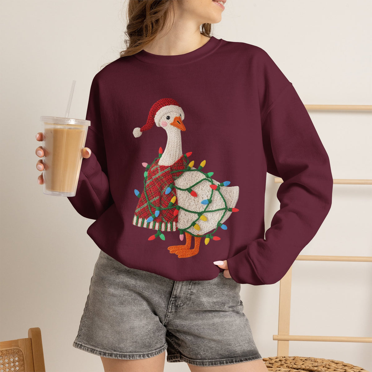 Christmas Goose Wearing Santa Hat Crewneck Sweatshirt | Holiday Duck in Lights