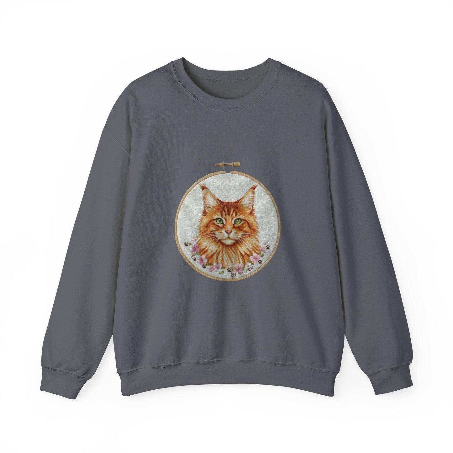 Orange Tabby Cat Sweatshirt, Cat Mom Gift, Cross Stitch Cat Portrait, Embroidery Hoop Floral Crewneck
