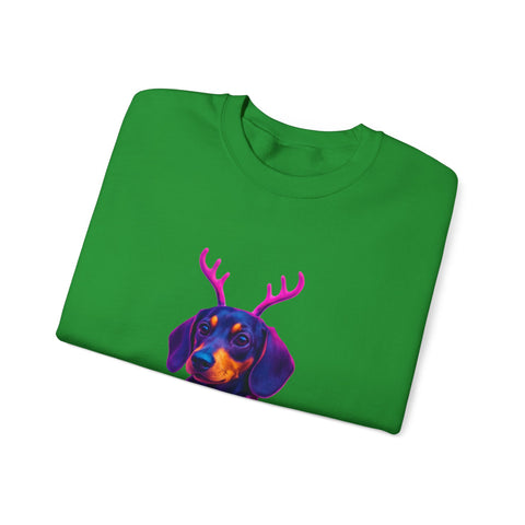 Dachshund Reindeer Sweater Crewneck Sweatshirt | Neon Holiday Dog Art