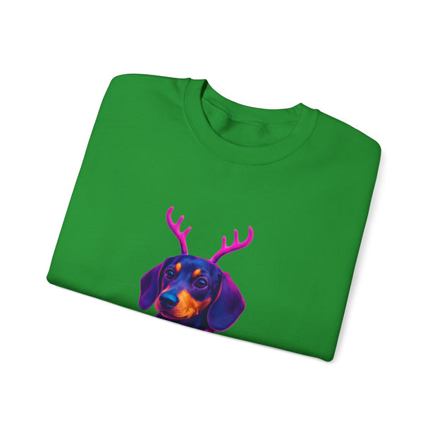 Dachshund Reindeer Sweater Crewneck Sweatshirt | Neon Holiday Dog Art