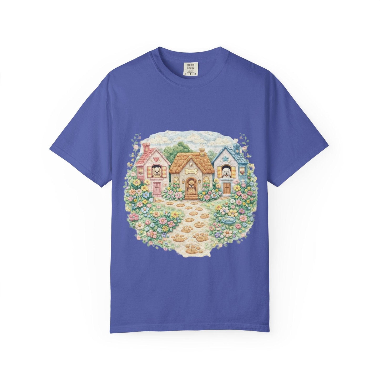 Cute Cottage Row illustration T-shirt | pastel village floral path