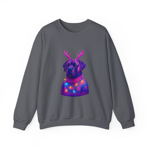Neon Reindeer English Mastiff Sweatshirt | Dog with Antlers, Holiday Lights Sweater