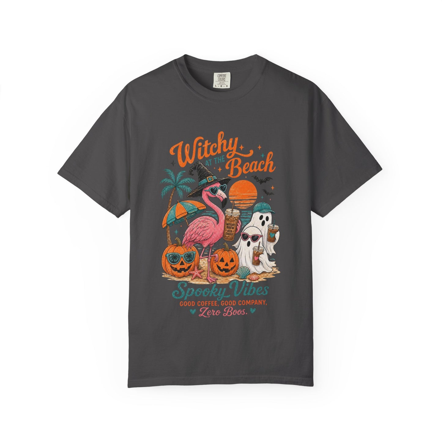 Witchy at the Beach T-shirt | Spooky Vibes Halloween Flamingo Design