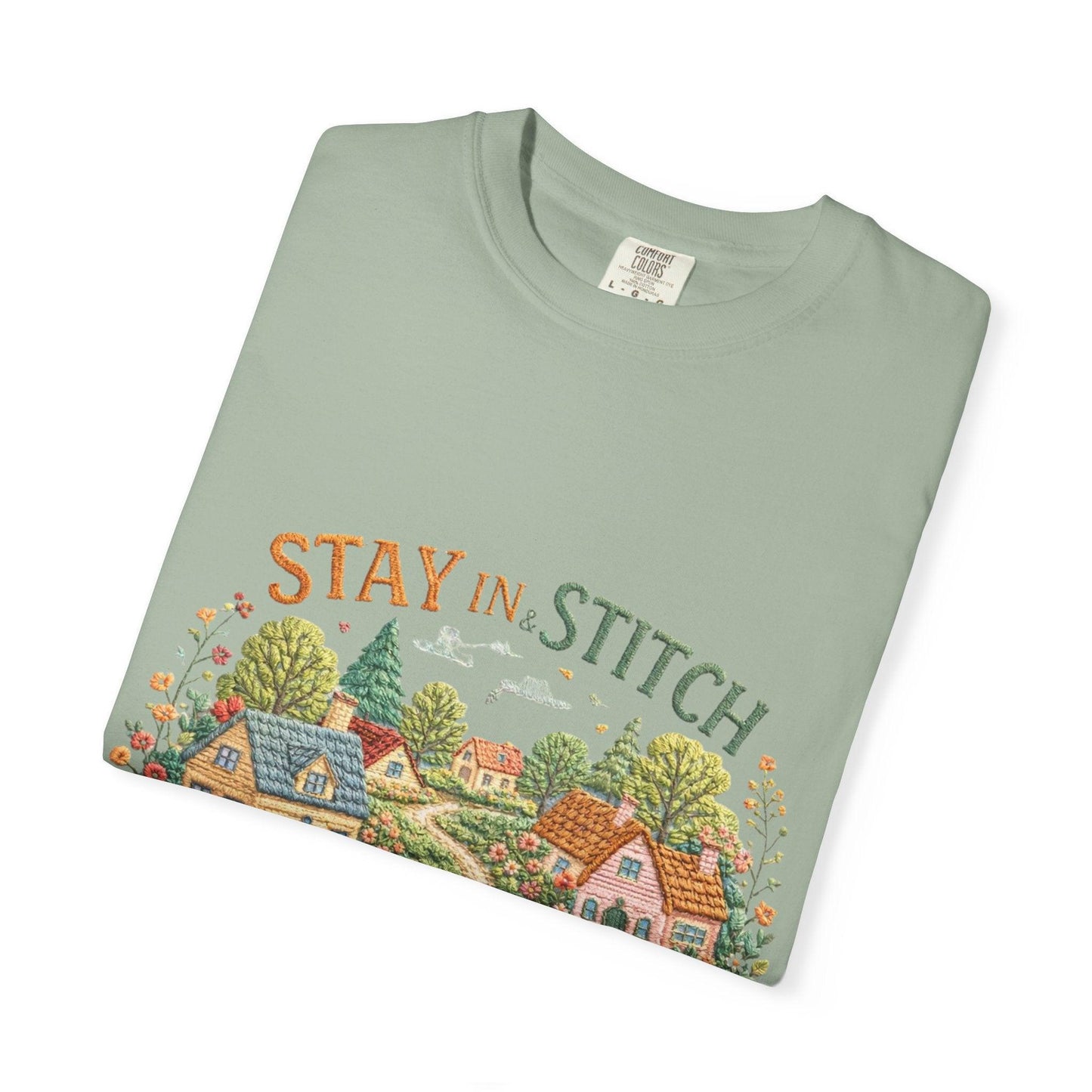 Stay In and Stitch Shirt, Cottagecore Sewing Tee, Grandma Hobbies Top, Vintage Cross Stitch Floral Village