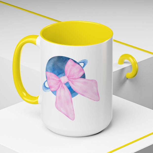 Blue Saturn Wrapped In A Pink Bow Accent Coffee Mug