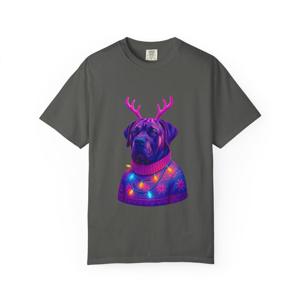 Neon English Mastiff Dog with Antlers T-Shirt | Christmas Sweater Lights Design